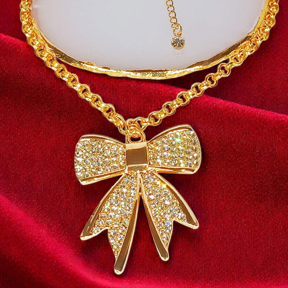 Whimsical Bow Gold Necklace Coquette Girlcore Glam Luxe Bling Frost Ice 1980s